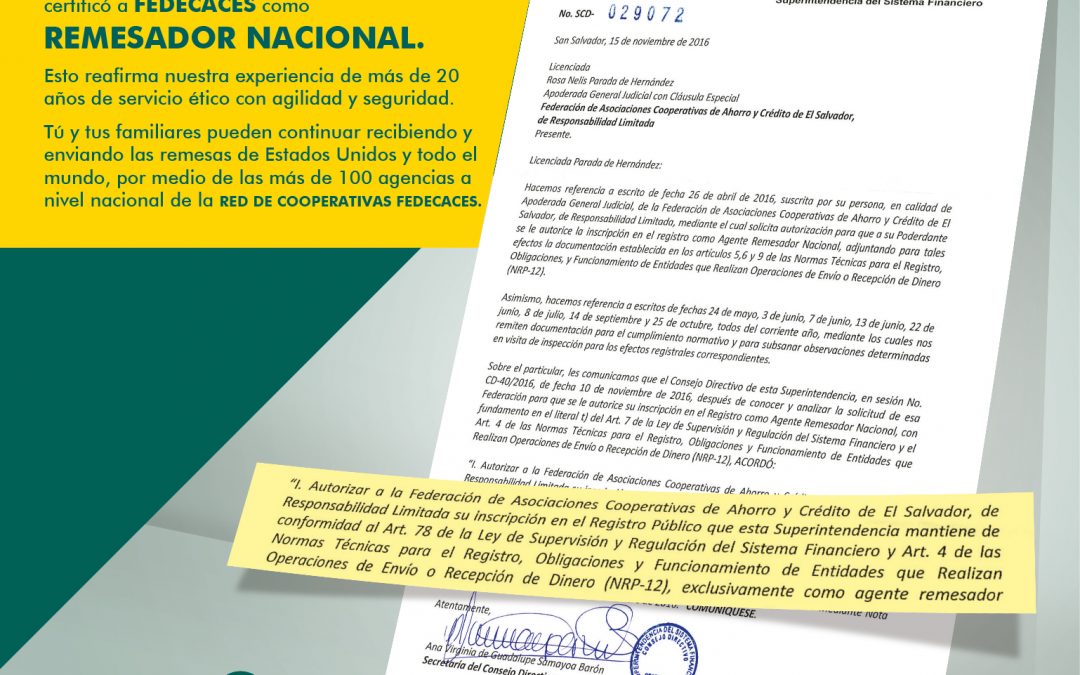 FEDECACES AGENTE REMESADOR NACIONAL AUTORIZADO